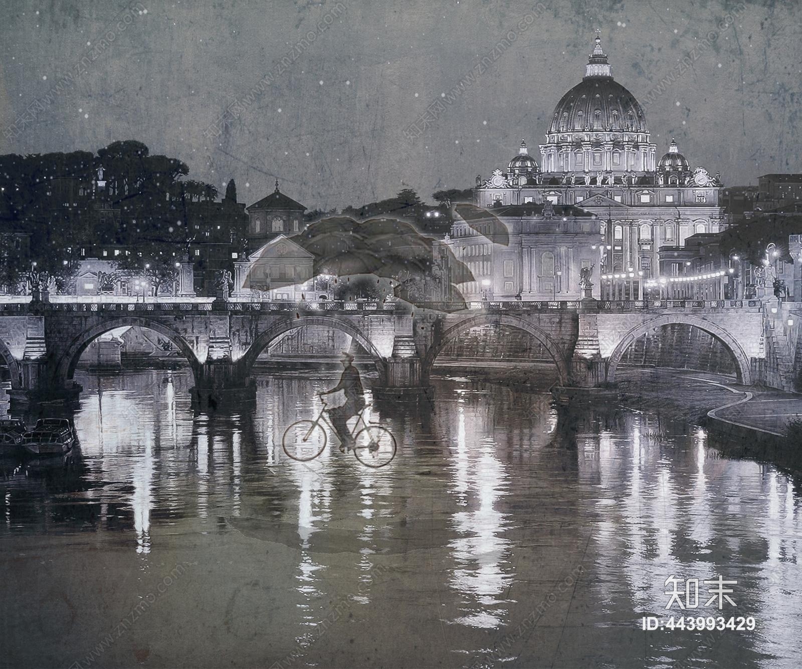 欧式建筑夜景河流装饰壁纸壁画贴图下载【ID:443993429】