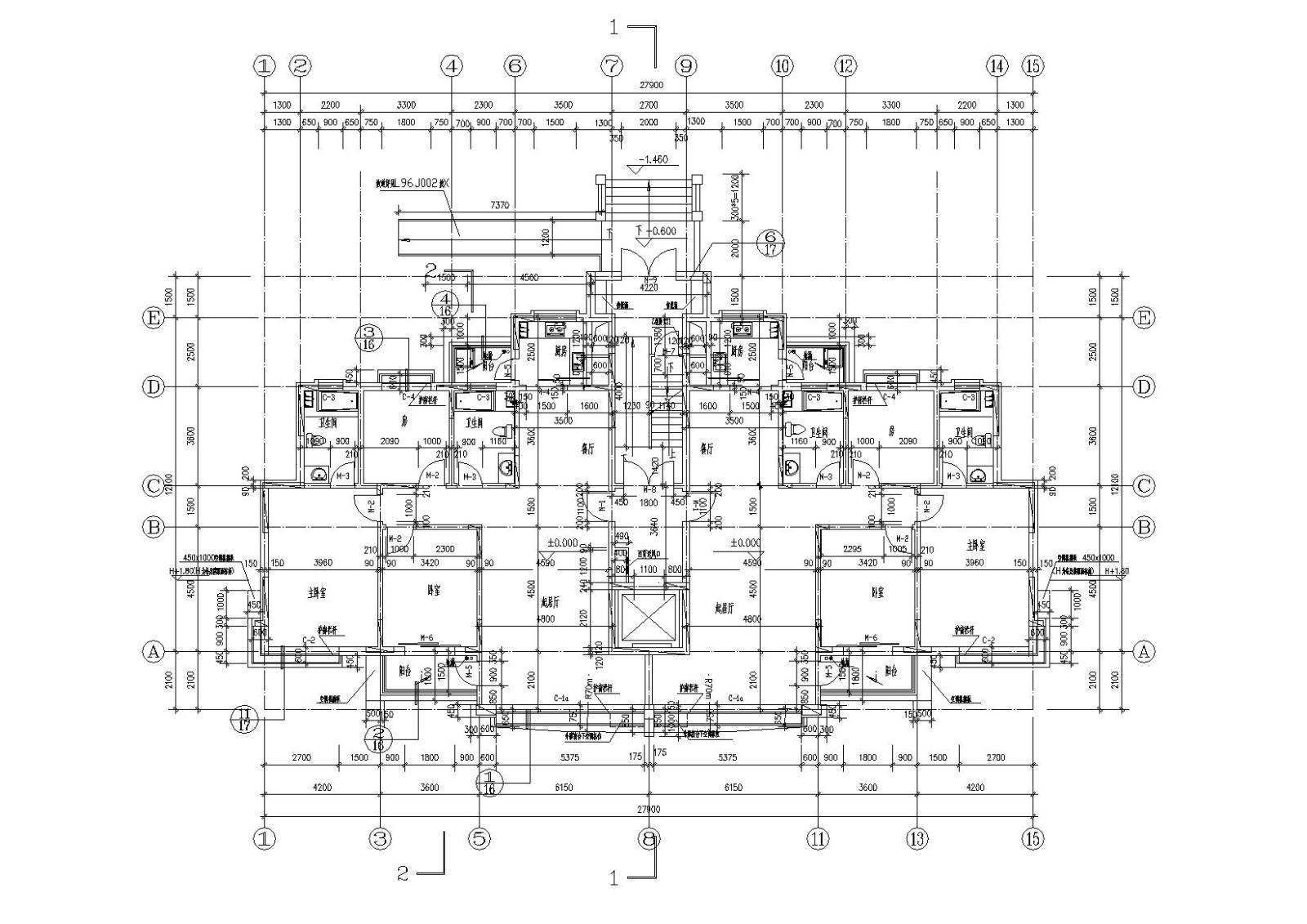 中式高层一梯两户住宅楼建筑施工图cad施工图下载【ID:149578113】