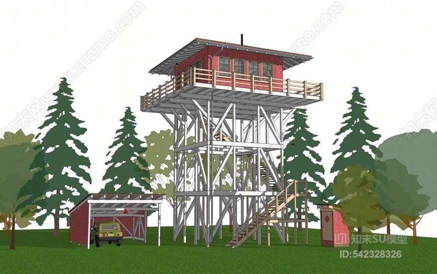 瞭望塔木屋建筑SU模型下载【ID:542328326】