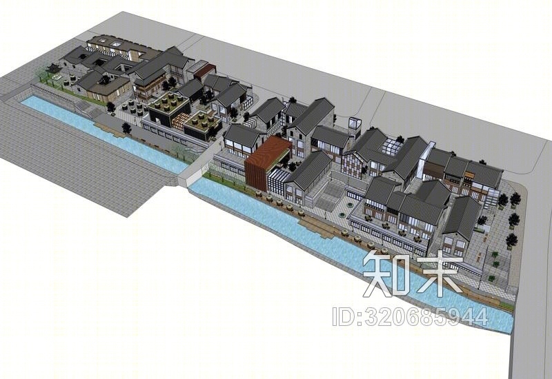 新中式临河商业街SU模型下载【ID:320685944】