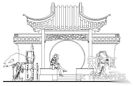 古建亭子建筑方案图系列-景墙月洞方亭cad施工图下载【ID:166230125】