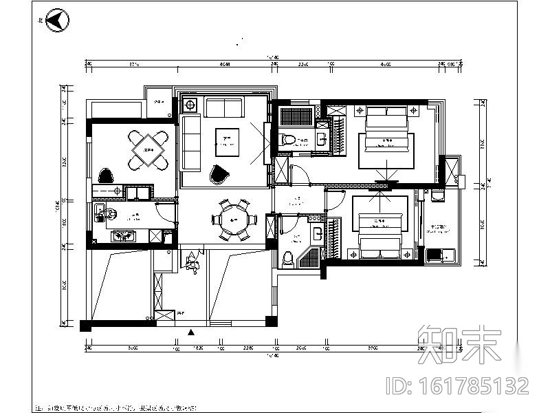 [浙江]新中式两居室设计施工图（含效果图）cad施工图下载【ID:161785132】