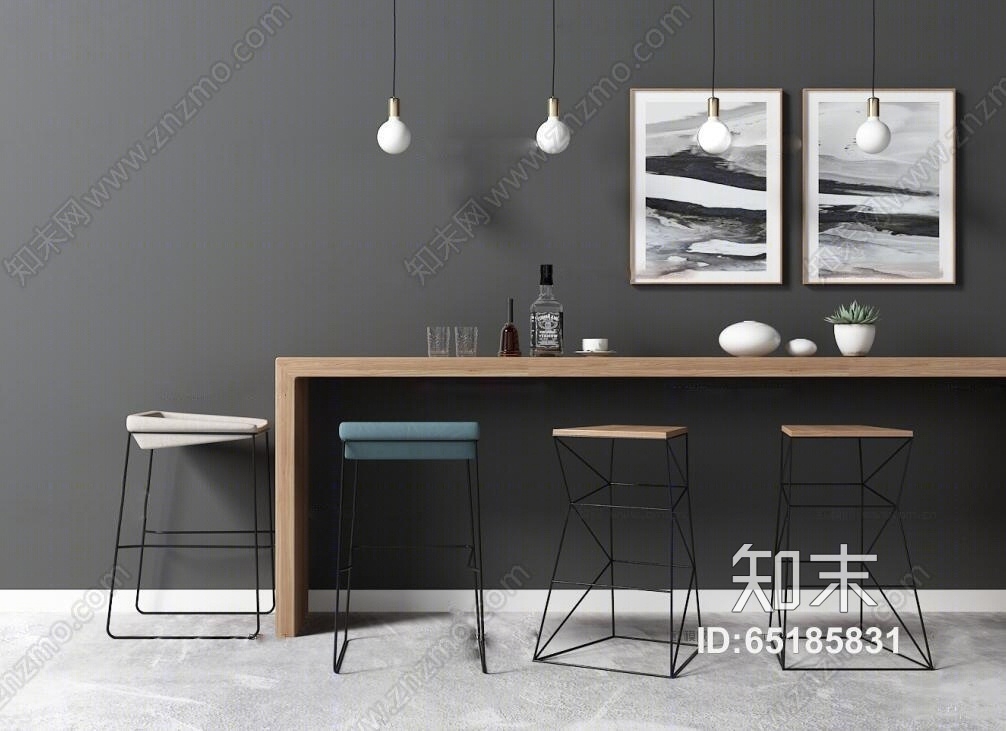 现代吧台高脚椅吊灯组合3D模型下载【ID:65185831】