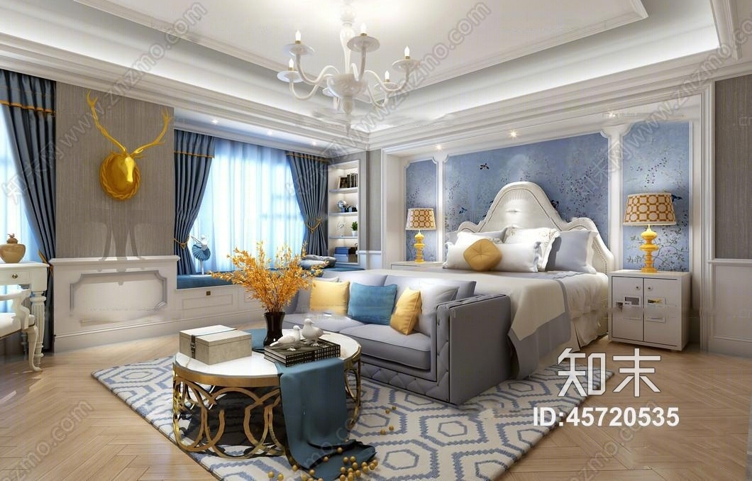 欧式卧室空间3D模型下载【ID:45720535】