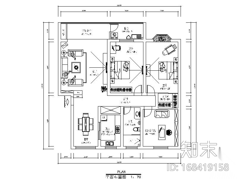 优雅三居室内装修图cad施工图下载【ID:168419158】