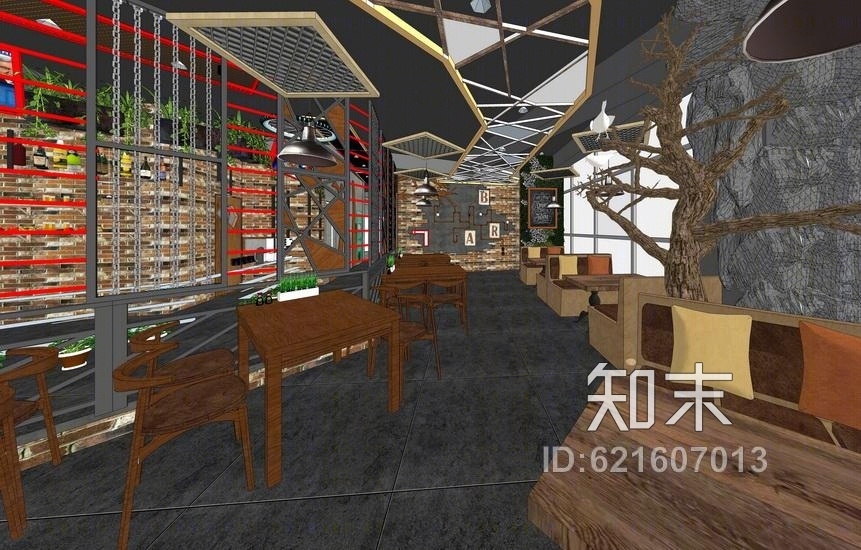 现代工业风餐厅一层室内设计SU模型下载【ID:621607013】