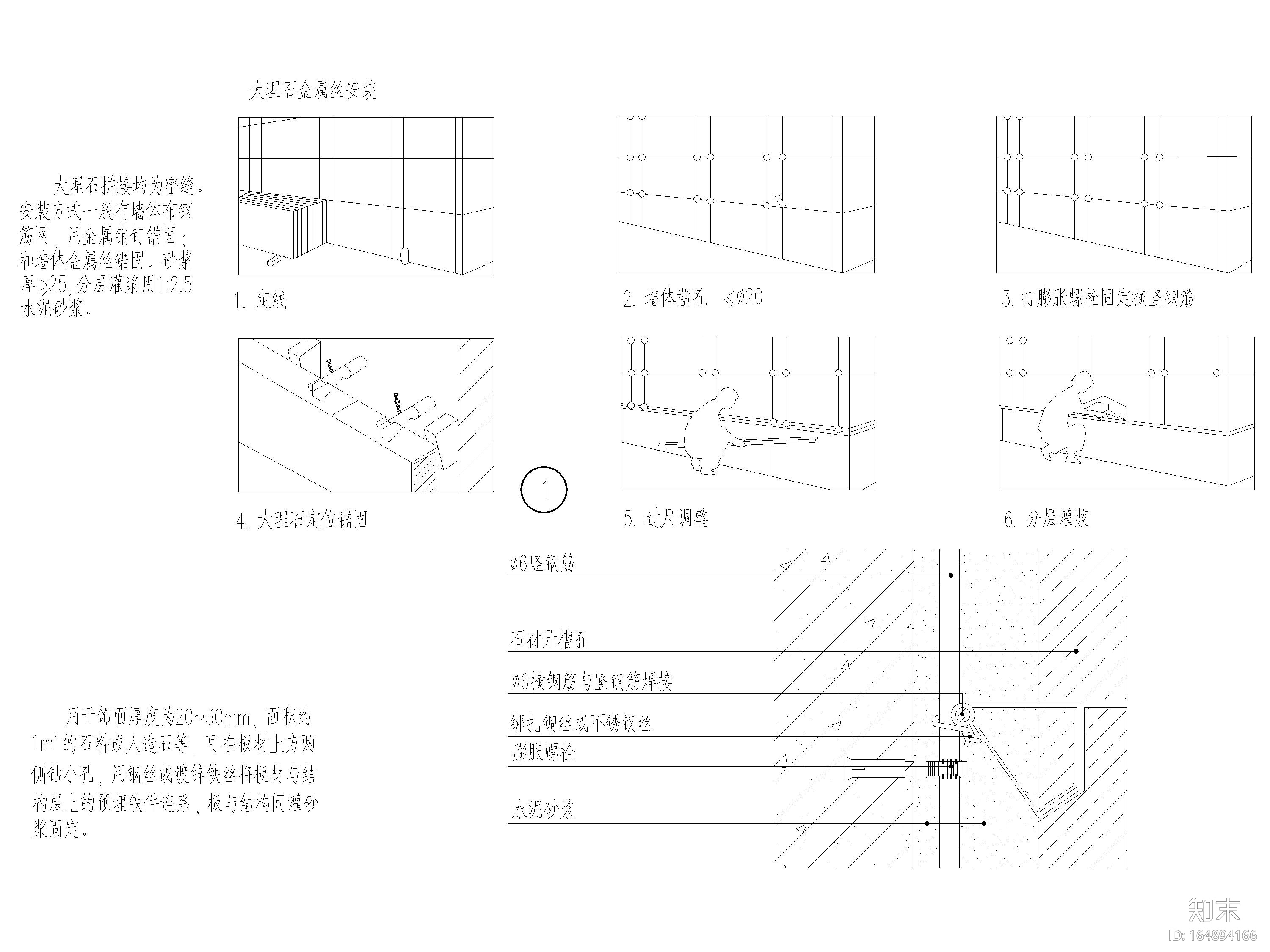 室内节点施工工艺_石材干挂，湿挂做法cad施工图下载【ID:164894166】