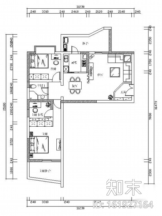 两居室设计方案图cad施工图下载【ID:161927164】