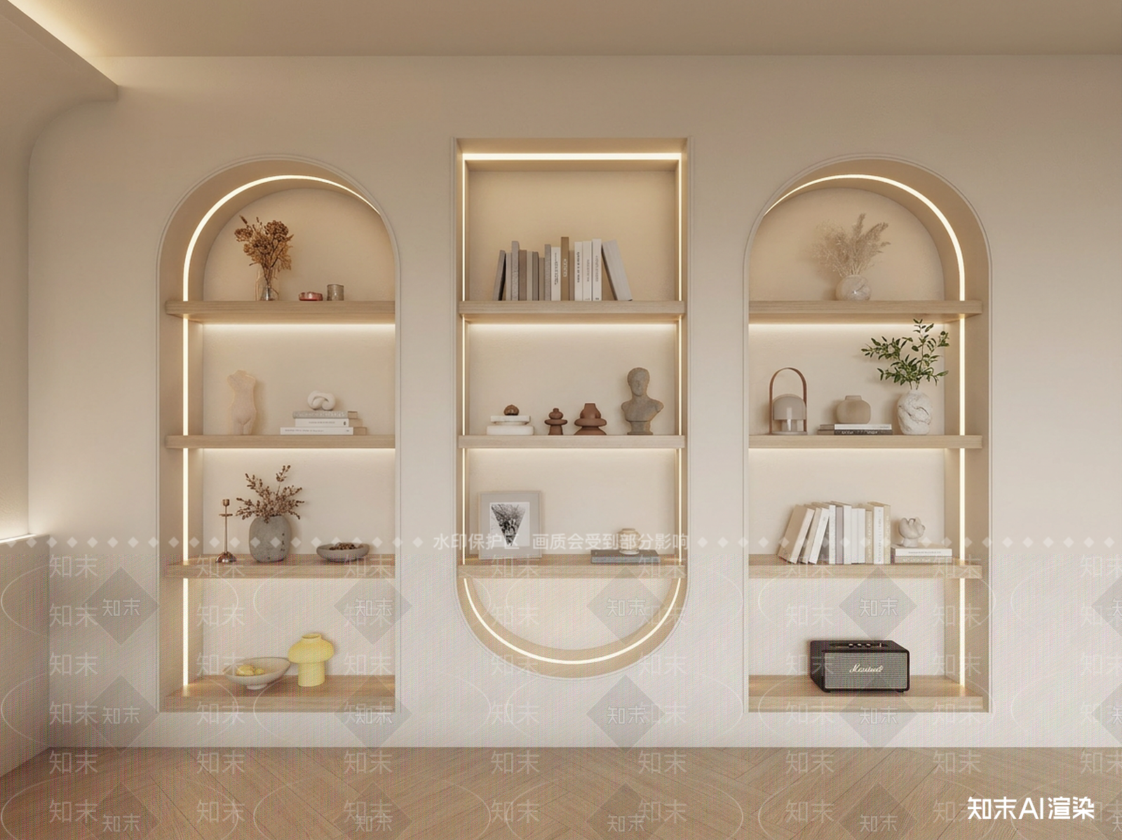 右侧弧形嵌入式展示柜书房3D模型下载【ID:1227308948】