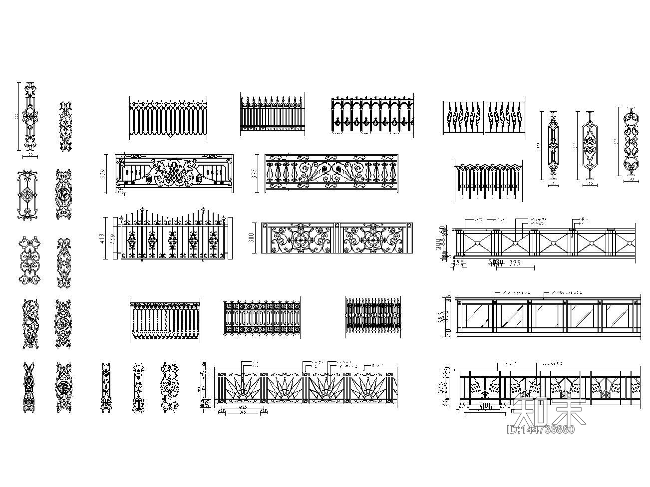 铁艺栏杆图库cad施工图下载【ID:144736880】