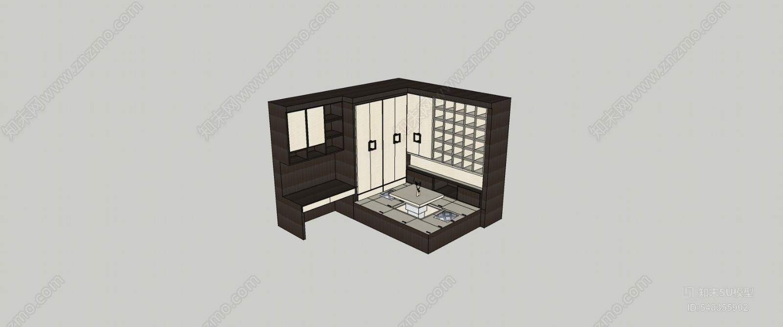 新中式风格榻榻米床SU模型下载【ID:548355902】