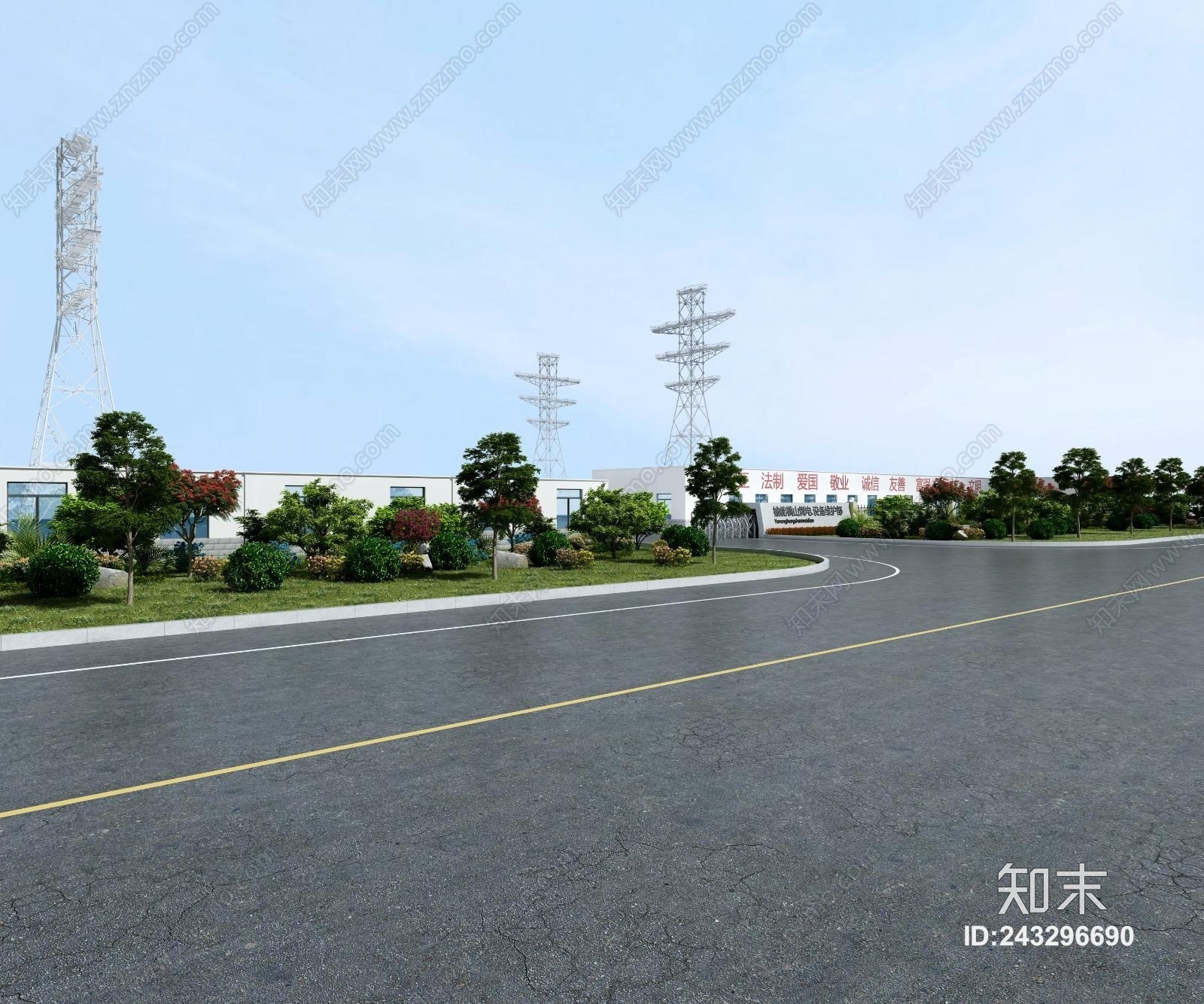 现代工厂绿化3D模型下载【ID:243296690】