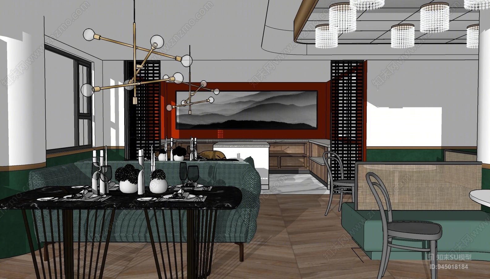 现代轻奢自助餐厅SU模型下载【ID:945018184】