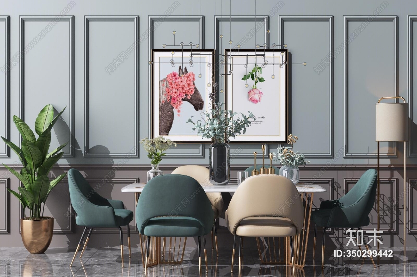 北欧现代餐桌椅花瓶组合3D模型下载【ID:350299442】
