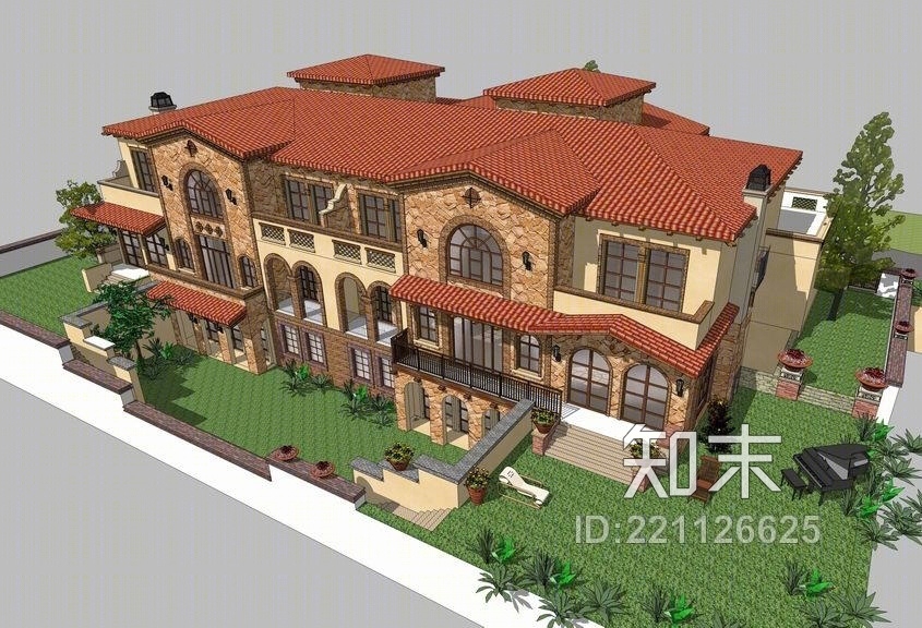 西班牙双拼别墅SU模型下载【ID:221126625】