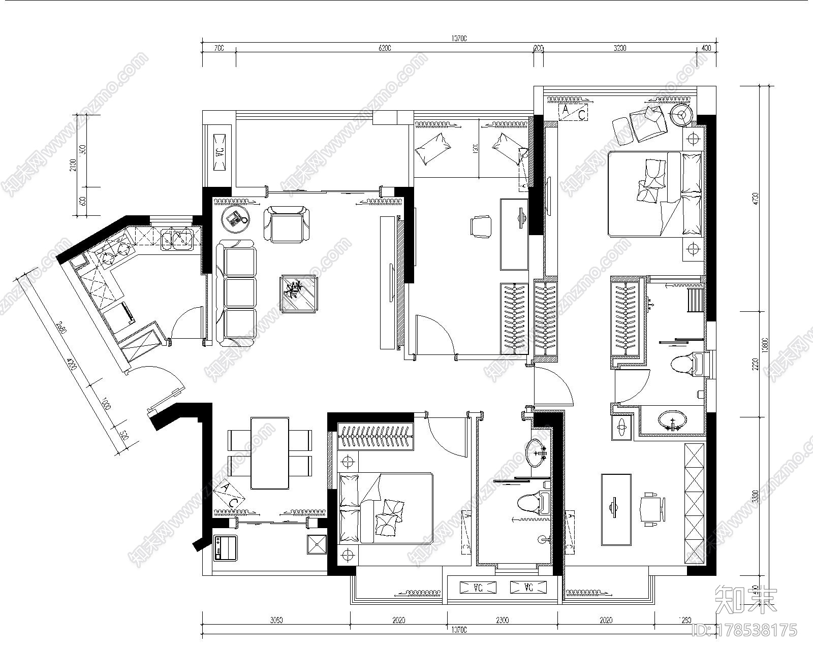 [湖北]欧式新古典4室2厅样板房室内设计CAD施工图（含效果图）施工图下载【ID:178538175】