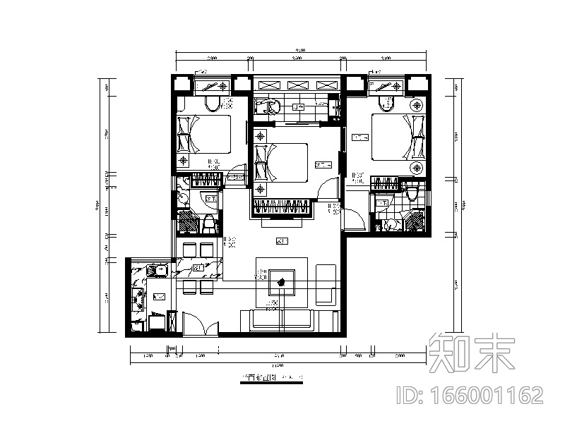 七套现代风格样板房设计CAD施工图（含效果图）施工图下载【ID:166001162】