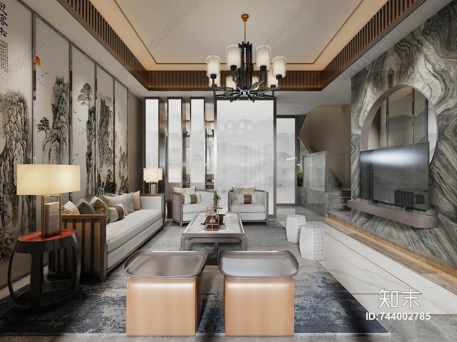 新中式客厅空间3D模型下载【ID:744002785】