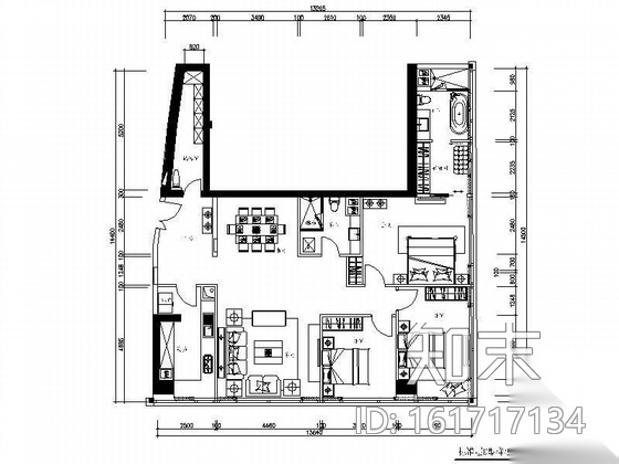 [北京]精装公寓楼标准层D型三居室样板房装修图施工图下载【ID:161717134】