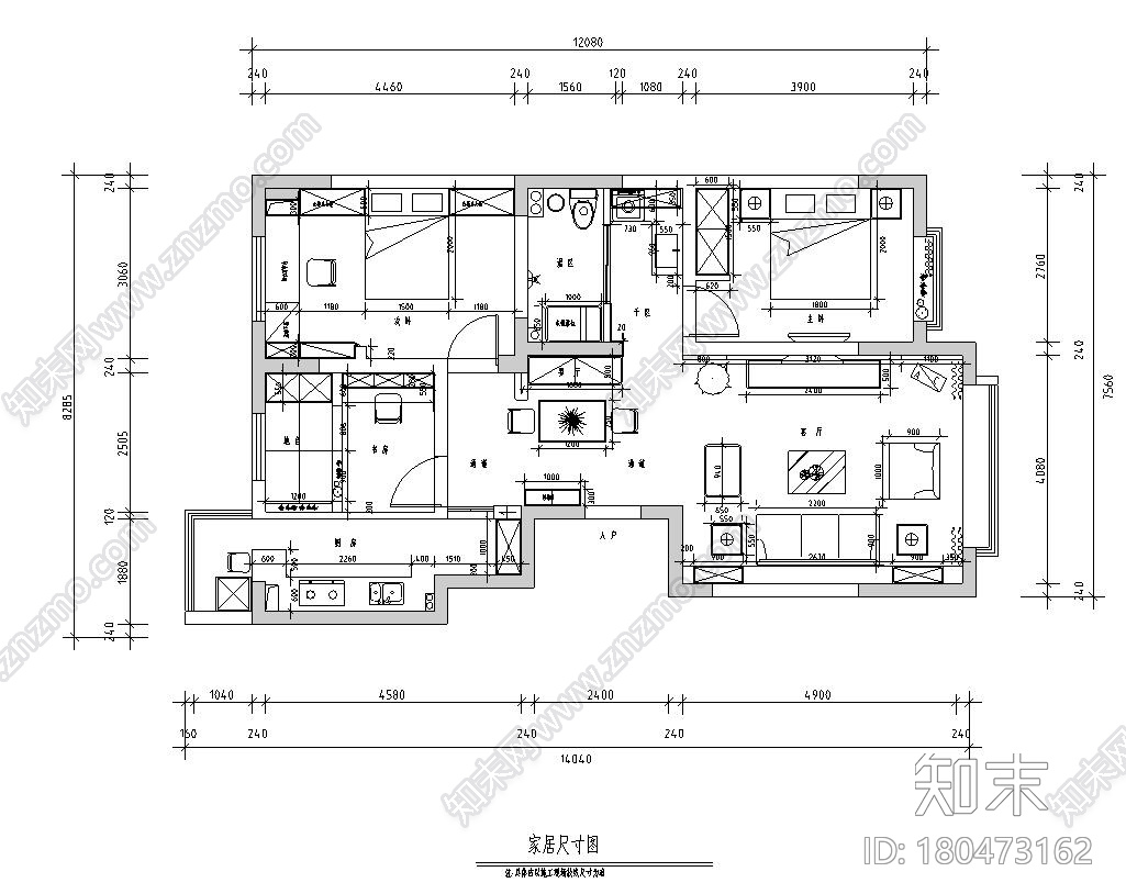 地中海115㎡3室2厅1卫住宅装修施工图设计cad施工图下载【ID:180473162】