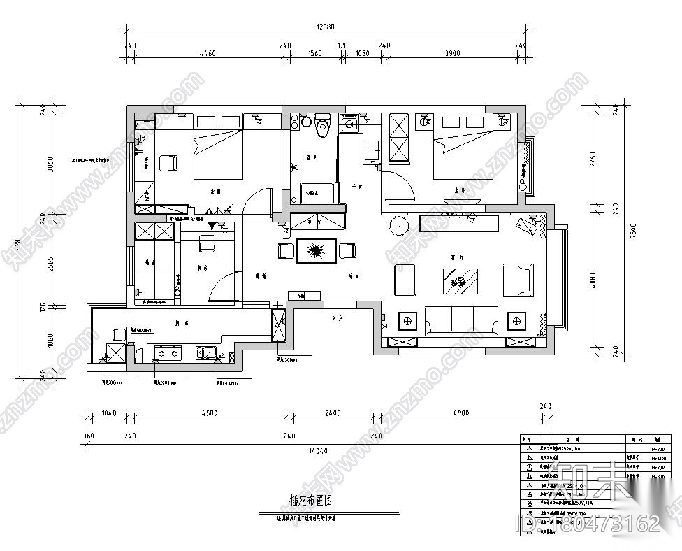 地中海115㎡3室2厅1卫住宅装修施工图设计cad施工图下载【ID:180473162】