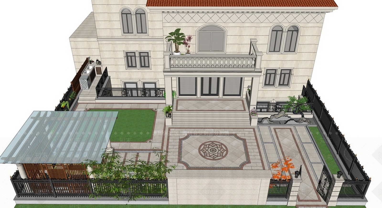 欧式别墅庭院景观SU模型下载【ID:163616130】