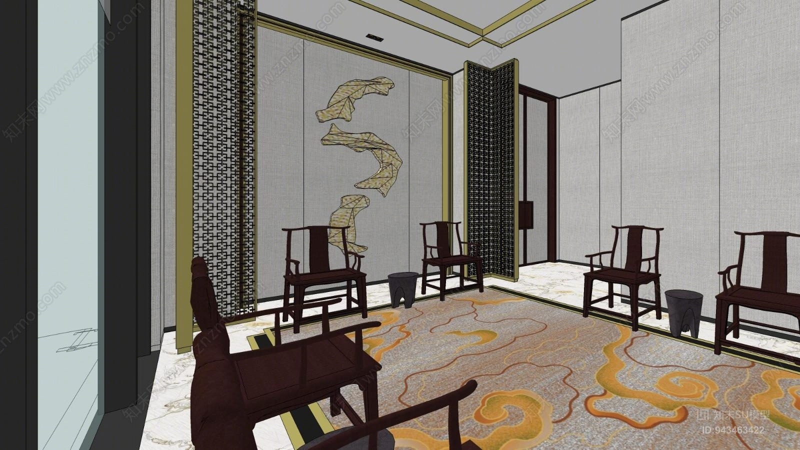 新中式公共空间接待厅SU模型下载【ID:943463422】