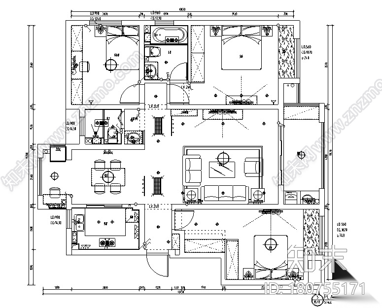 山湖一号白色素雅样板房设计施工图（附效果图）cad施工图下载【ID:180755171】