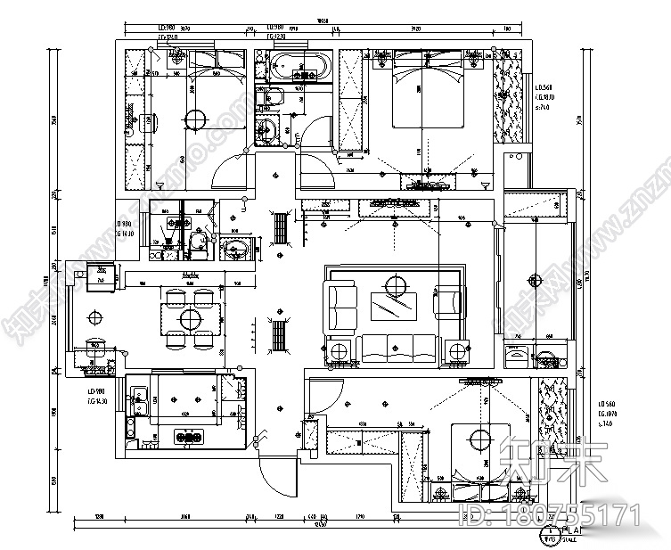 山湖一号白色素雅样板房设计施工图（附效果图）cad施工图下载【ID:180755171】