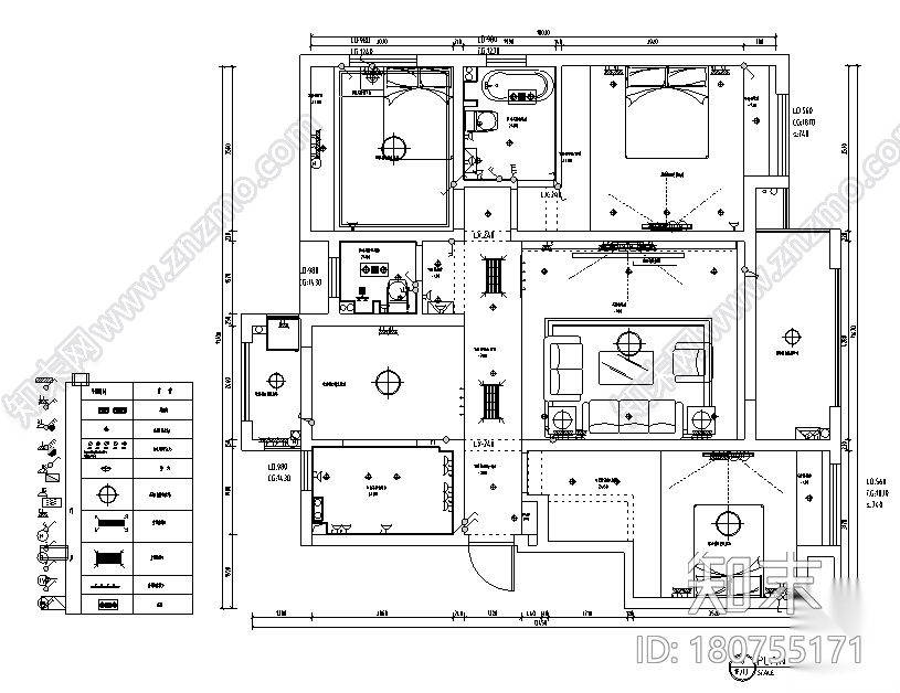 山湖一号白色素雅样板房设计施工图（附效果图）cad施工图下载【ID:180755171】