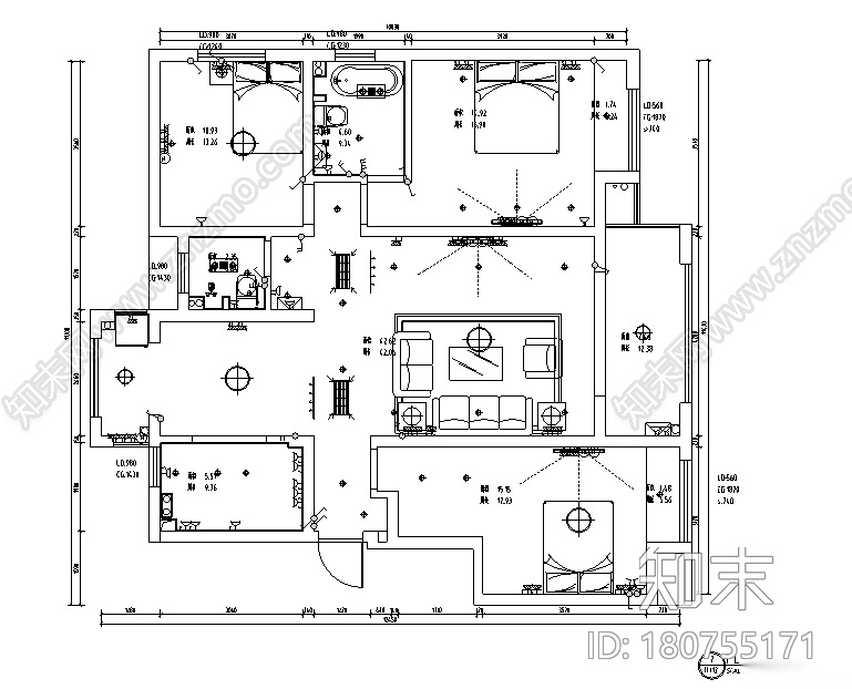 山湖一号白色素雅样板房设计施工图（附效果图）cad施工图下载【ID:180755171】