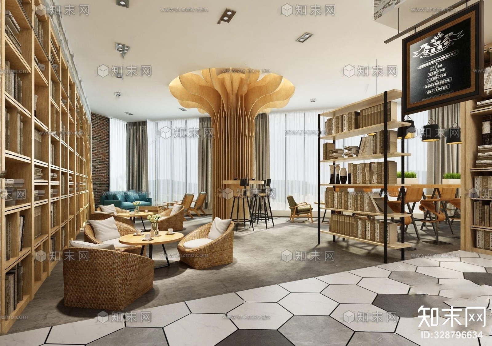 现代咖啡厅书吧3D模型下载【ID:328796634】