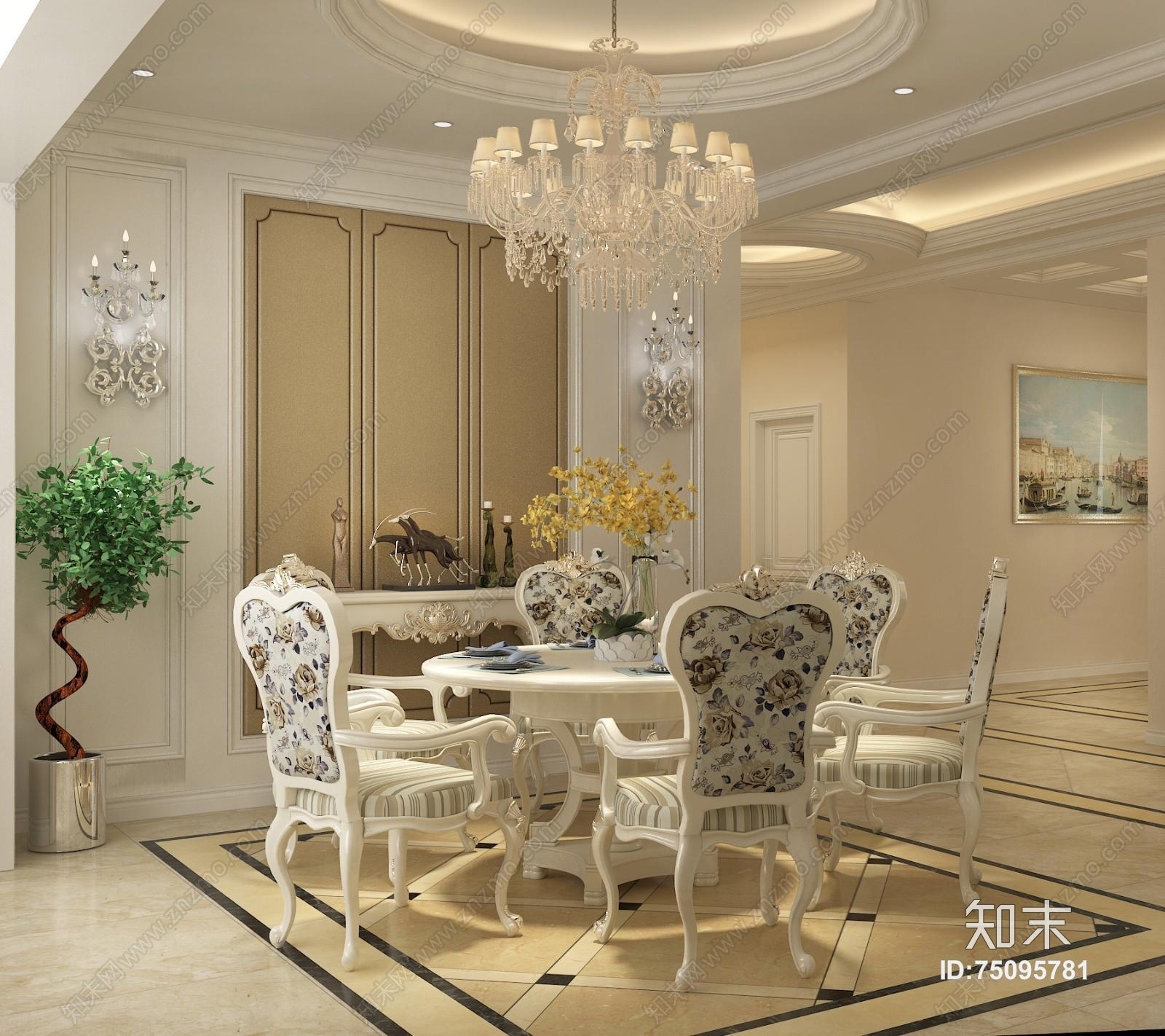 家装欧式复式简欧客餐厅3D模型下载【ID:75095781】