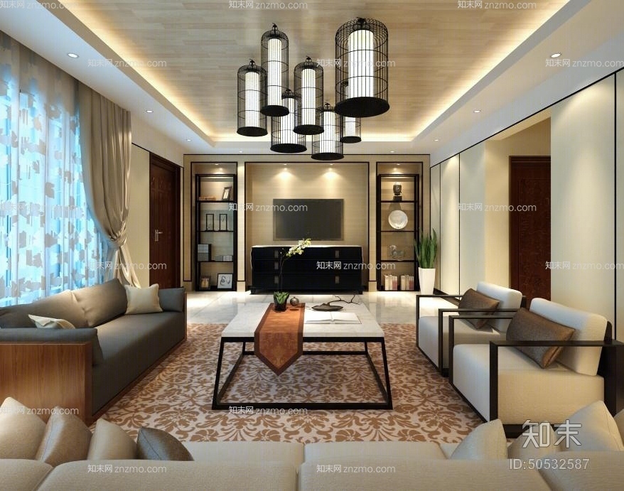 现代黑色金属鸟笼形吊灯3D模型下载【ID:50532587】