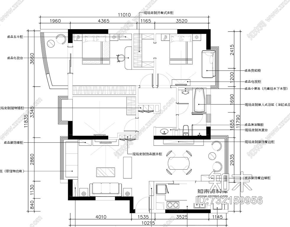 新中式风格130平方3房2厅室内装修施工图含实景施工图下载【ID:732159956】