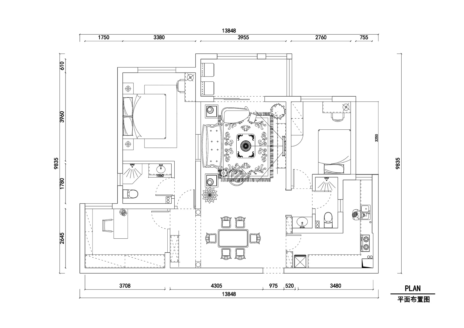 橡树湾两居室住宅装修施工图+效果图cad施工图下载【ID:160387132】