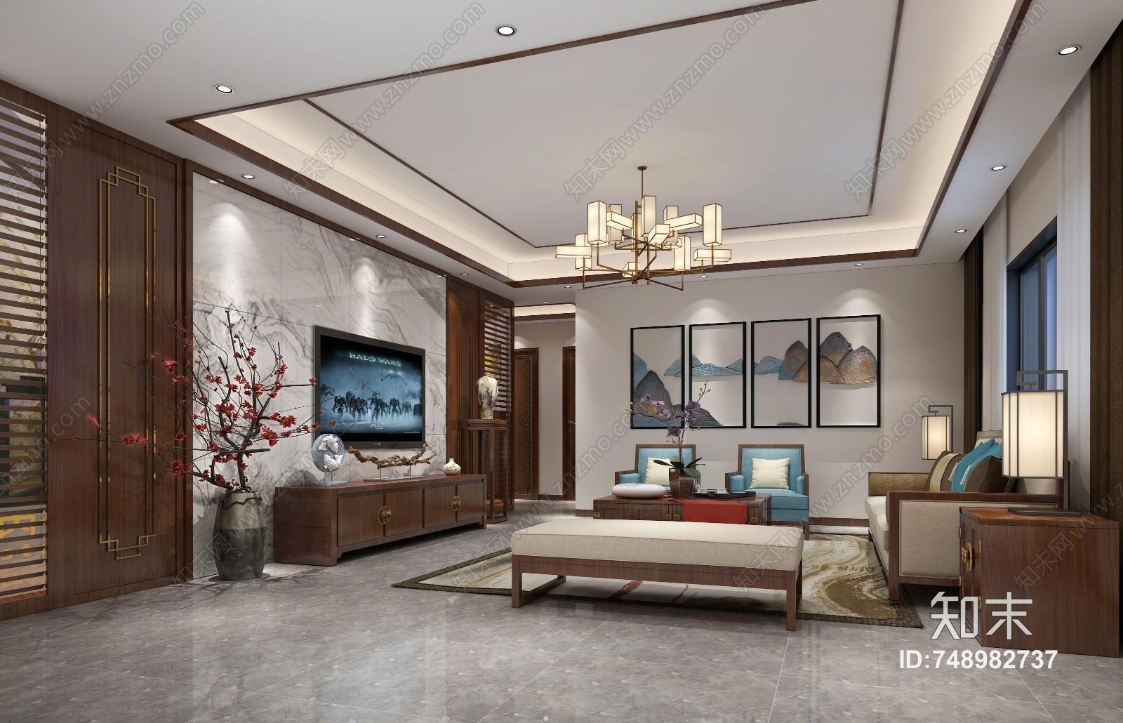 新中式客厅空间3D模型下载【ID:748982737】