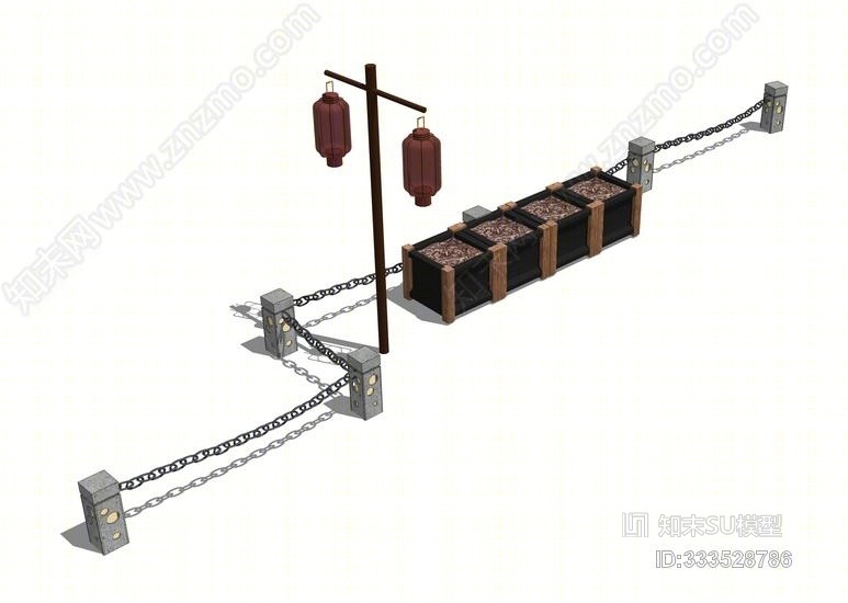 铁链栏杆花箱中式景观灯组合SU模型下载【ID:333528786】