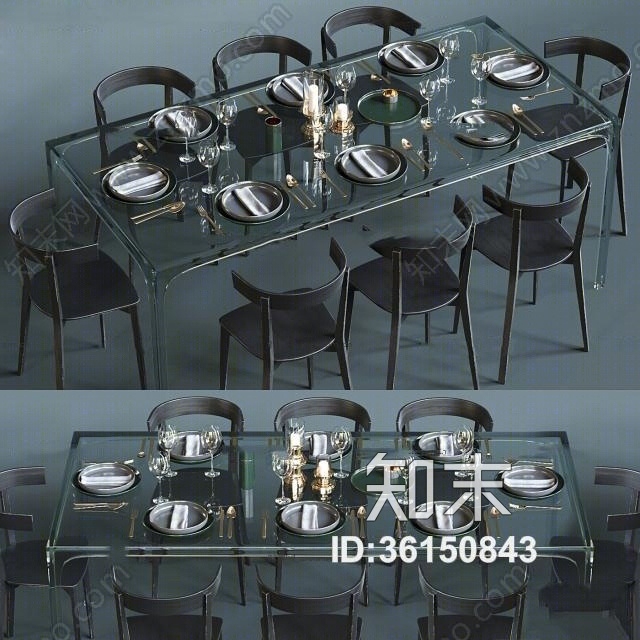 现代玻璃餐桌椅餐具组合3D模型下载【ID:36150843】
