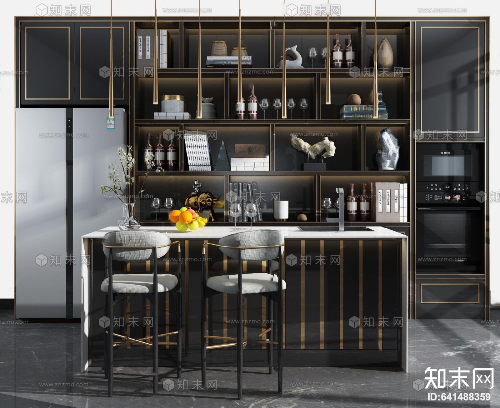 现代吧台酒柜组合3D模型下载【ID:641488359】