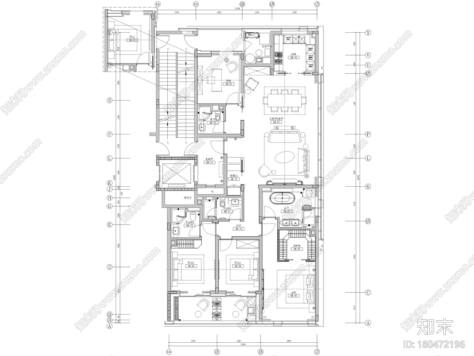 [杭州]188㎡三居室大平层样板间装修施工图cad施工图下载【ID:180472196】