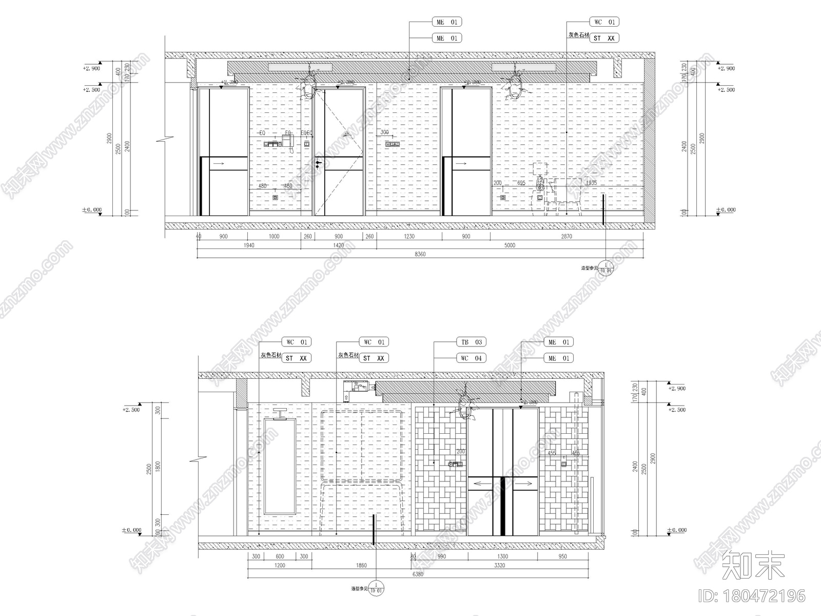 [杭州]188㎡三居室大平层样板间装修施工图cad施工图下载【ID:180472196】