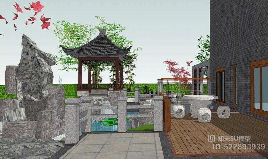 中式庭院景观SU模型下载【ID:522893939】