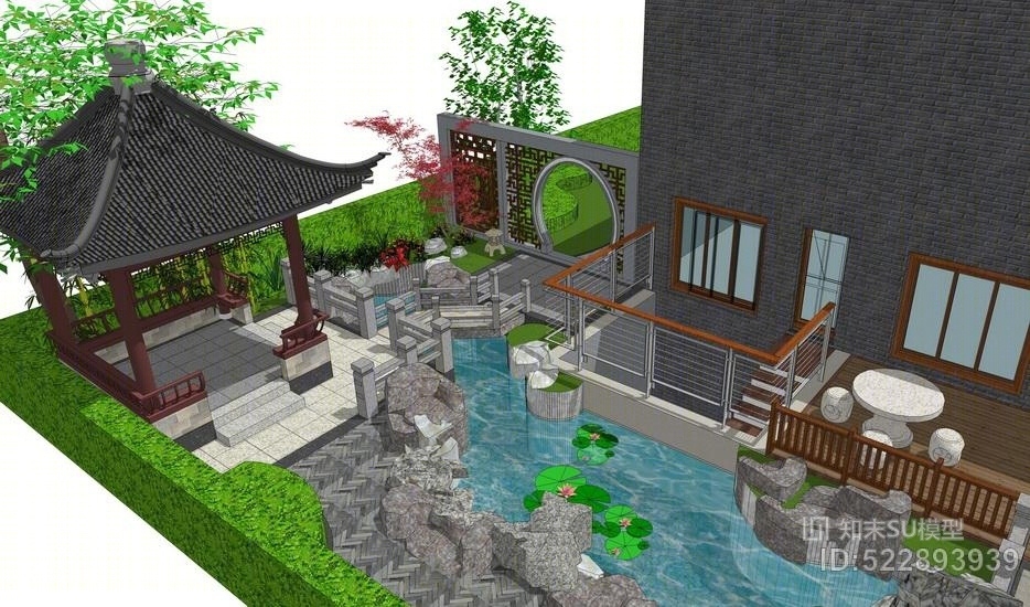 中式庭院景观SU模型下载【ID:522893939】