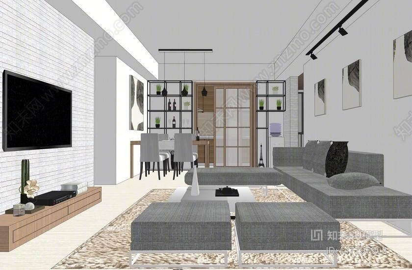 北欧风格三房两厅室内设计SU模型下载【ID:447797902】