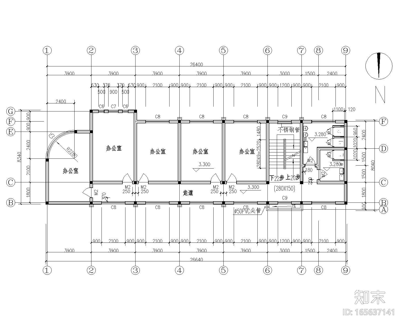 某3层办公楼砖混结构施工图（CAD含建筑图）施工图下载【ID:165637141】