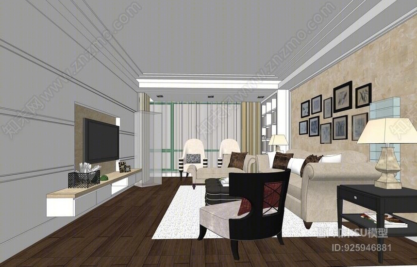 美式客厅餐厅室内设计SU模型下载【ID:925946881】