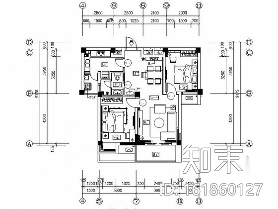 [武汉]花园洋房时尚两居室样板间装修施工图（含效果实景...施工图下载【ID:161860127】