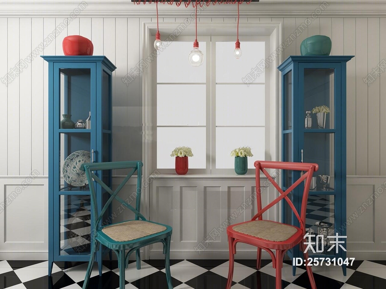 欧式实木单椅橱柜吊灯组合下载3D模型下载【ID:25731047】