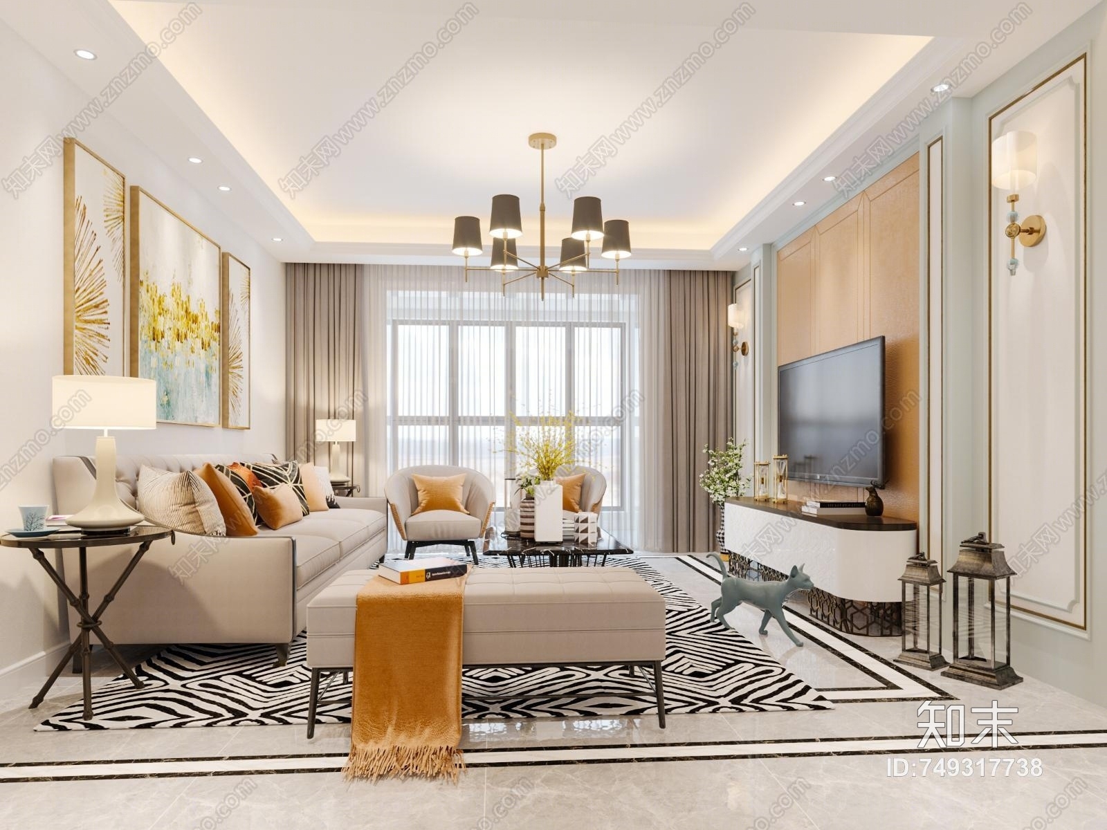 美式风格客厅3D模型下载【ID:749317738】